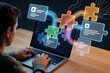© Pete - Programmer uses laptop to build app via low code no code platform. Digital puzzle pieces connect software modules on screen. Developer uses visual drag, drop interface for rapid automation, custom