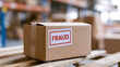 © A2Z AI  - Cardboard box with fraud label on wooden pallet in warehouse setting, representing crime, illegal cargo, scam, and delivery risk problem