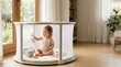 © SashaMagic - Smiling toddler plays with toys in a bright, modern playpen near a window with copy space
