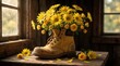 © miss irine - Yellow flowers bloom inside weathered boot on rustic table. Natural light streams through window, creating warm, artistic still life. Simple composition evokes country charm and seasonal beauty.