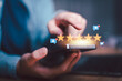 © Images for you - Marketing manager analyzes customer satisfaction, five-star ratings, online reviews, feedback, service quality, digital reputation, and engagement to improve customer experience and loyalty.