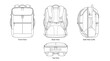 © Langit2 - Detailed technical line drawing showing the structural design and multiple perspectives of a modern rucksack for manufacturing purposes