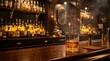 © GeniusWorkX - Glass of whiskey on a wooden bar counter in a luxury dimly lit pub interior