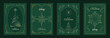© TWINS DESIGN STUDIO - Merry Christmas and Happy New Year luxury vector card set with elegant gold line art, Christmas trees, gifts, ornaments and festive frames on dark green background.