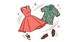 © Itshamza - Vintage style illustration of vintage clothing including a red dress patterned short sleeve shirt leather shoes hawaiian shirt retro fashion wardrobe