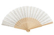 © Chinases - Elegant white lace hand fan with intricate floral patterns and carved wooden ribs, isolated on a clean white background