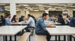 © Hasibnikon - A diverse group of professional office workers and employees eating lunch together in a bright, modern corporate cafeteria, focusing on a man in a denim shirt sitting alone at a clean white table.