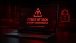 © Ahmed - Laptop computer displaying an urgent cyber attack and compromised system warning message against a dark red glowing digital network background.