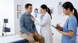© Muhammad - Female Doctor Using Stethoscope to Examine Male Patient in Medical Clinic with Nurse Taking Notes