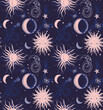 © Creativezone - Seamless celestial pattern with sun, moon, stars, and butterflies on a dark blue background, mystical cosmic astrology wallpaper design