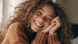 © David - Happy Young Woman with Curly Hair and Freckles Leaning on Hands Smiling Cozy Home Portrait