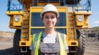 © Nazlykhan - Woman engineer in hard hat and safety vest standing in front of large mining dump truck at quarry. Heavy industry and mining work. Female worker in construction and extraction career concept.