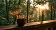© Danilla - Steaming mug of coffee on a sunlit wooden deck amidst forest