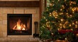 © prasasti - Cozy fireplace and decorated evergreen with warm lights, festive atmosphere