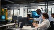 © DC Studio - Manager supervises an intern in a startup office using artificial intelligence for market innovation while a tech agency team leader teaches the trainee to optimize operations with machine learning.