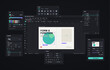 © 24 std - Dark graphic editor interface mockup with layers, color picker, typography, transform and export panels, toolbar and artboard poster layout for design software concept. Vector dashboard with UI, UX