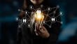 © InfiniteFlow - A businesswoman holds a light bulb symbolizing innovative ideas within a network of connections, showcasing collaboration and modern technology in a professional environment. Ledger