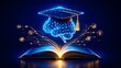 © resky - 3D glowing polygonal brain and graduation cap emerging from an open book for online education
