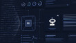 © Allen - Artificial intelligence dashboard interface with an AI processor chip, chatbot robot, neural network connections, progress rings, and streaming binary code on dark blue