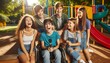© Yuyu - A group of diverse teenagers, including a girl with a cochlear implant and a boy in a wheelchair, laughing together on a colorful playground ramp, Ai generated image