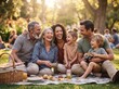 © LumiCanvas - Generational bonding concept with family relaxing on grass at park.
