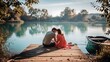 © Soft - A loving young couple sitting together on a wooden pier by a serene lake at sunset.