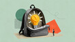 © ink drop - Paper collage of an oversized open backpack containing a glowing yellow light bulb as a tiny student looks up at it