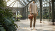 © ROWSHONARA - Casual Men's Fashion Attire with Leather Briefcase in a Sunny Greenhouse Conservatory