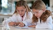 © Attasit - Two young girls in lab coats and safety goggles are diligently working on a science experiment at a table, engrossed in their task. A beaker is visible in the foreground.