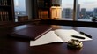 © rezaul4022 - Professional executive office desk with open notebook and leather portfolio in twilight office
