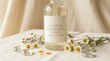 © rezaul4022 - Natural chamomile toner bottle with fresh flowers and glass stones on a light textured background