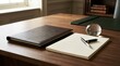 © rezaul4022 - Executive office desk set up with leather notebook notepad pen and crystal paperweight indoors