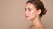 © Ben photography Ai - Side profile of a young woman with glowing skin and natural makeup on a neutral background. Ideal for beauty and skincare advertise.