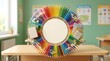 © ISRAT_RIMI - A circular arrangement of colorful sharpened pencils displayed on a wooden desk inside a blurred school classroom