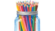 © MST - A vibrant 3D rendering of multicolored sharpened pencils stored inside a clear glass jar for creative art projects