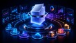 © Aish-Studio - Centralized stack of glowing digital documents distributing data streams to servers laptops and analytical dashboards representing cloud computing network