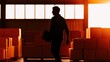 © jannik27s - Silhouette of a man walking through a warehouse with cardboard boxes at sunset