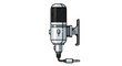 © Alan - Flat vector illustration of a professional studio condenser microphone with mounting clip and 3.5mm audio jack cable isolated on white, ideal for podcasting, recording, and broadcast concepts.