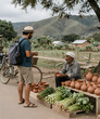© 乐杰 刘 - Traveler talking with a local vendor at a rural outdoor market, surrounded by handmade pottery and fresh produce, bicycles and rolling hills, candid travel photography