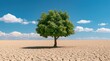 © Arfa_Media - Tree standing alone in a vast arid desert landscape with cracked earth representing climate change and survival