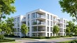 © CuteBee - Contemporary residential apartment building exterior featuring white facade and glass balconies surrounded by lush greenery under bright sun representing high quality urban living architecture