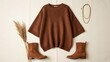 © Masaji - A stylish brown oversized knit sweater is thoughtfully arranged with matching brown ankle boots, an elegant gold necklace, and a decorative pampas grass bouquet on a light fabric.