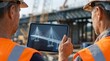 © adinf - Engineers examining bridge construction plans on a digital tablet