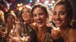 © Dao - Smile, women and dance with champagne at nightclub for birthday celebration, social reunion or luxury party. Excited, friends and wine glass for new years, festival congratulations and happy hour fun