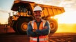© DURAND HUGO VICTOR - Smiling worker standing before a massive mining dump truck. Industrial laborer posing at an excavation site during sunset. Heavy equipment concept for construction and industrial safety marketing.