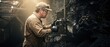 © JONES JAMES OLIVER  - Male miner operating heavy drilling equipment against a dark coal wall. Technician wearing safety gear performs core sampling in an underground mine. Extraction and mining industry concept.