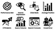 © MAHMUDA  - Search engine optimization and performance metrics black glyph icons set featuring click rank and query volume performance impression position optimization analytics statistics internet