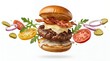 © muhammad - Cheeseburger components float horizontally in midair against a white studio background.