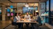© dimamoroz - Futuristic smart office meeting viewed through a transparent glass wall with glowing holographic UI elements, line charts, and colorful sticky notes.