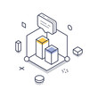 © provectors - Isometric vector illustration of business analytics. Features a bar chart for data visualization and a speech bubble for communication. Represents statistics, market feedback, and financial reporting
